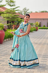 Navratri Wear Sky Blue Gamthi Work Lehenga Choli